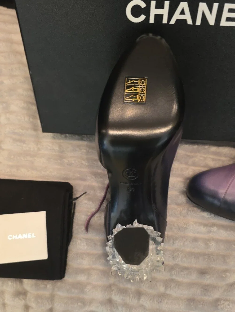 CHANEL Ombre Purple-to-Blue Leather Ankle Boots with CRYSTAL Sculpted Heel